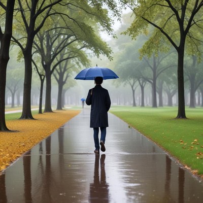 Walking in the rain with umbrella