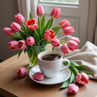 Coffee and tulips on table