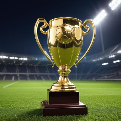 Golden soccer trophy in stadium