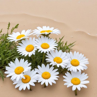Daisies blooming on sandy surface
