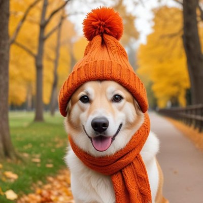 Happy dog in autumn outfit outdoors