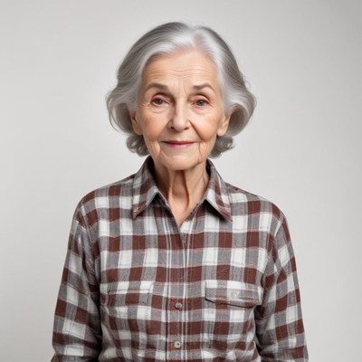 Elderly woman with gray hair in checkered shirt