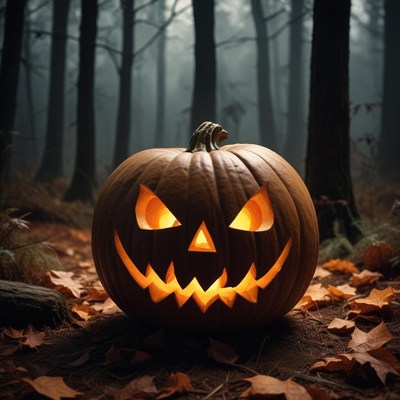 Spooky pumpkin in autumn forest