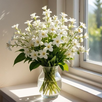 Sunlit vase with white flowers