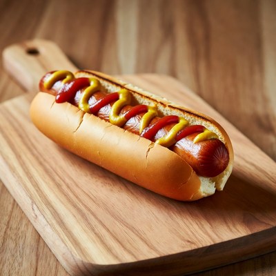 Hot dog with mustard on wooden board