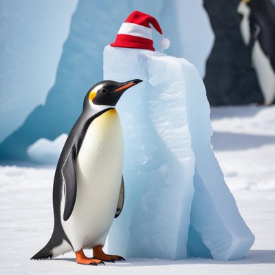 Penguin wearing santa hat on ice