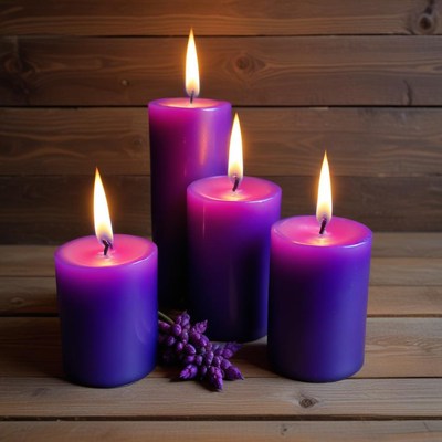 Purple candles glowing softly at night
