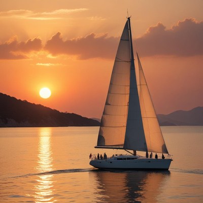 Sailing at sunset in calm waters