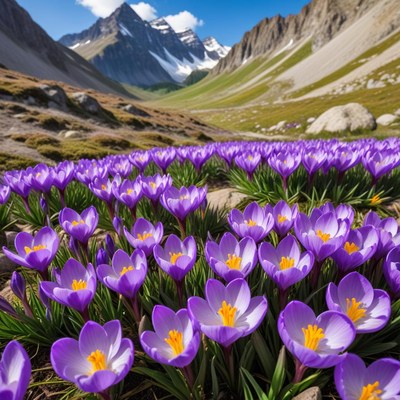 Vibrant purple flowers in mountain valley