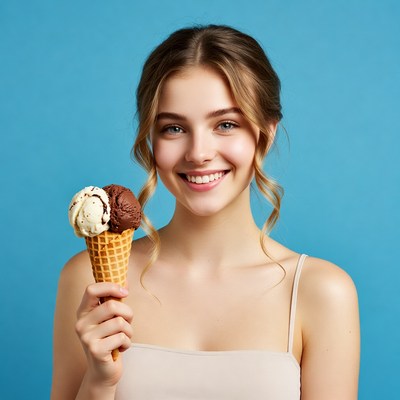 Smiling girl enjoying ice cream cone
