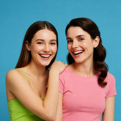 Smiling friends against a blue background