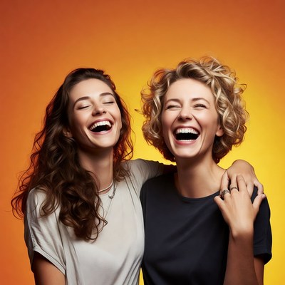 Friends sharing joyful laughter in bright colors