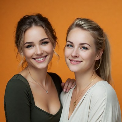 Smiling friends on orange backdrop
