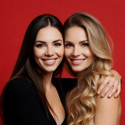 Smiling friends with red background