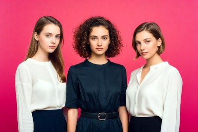 Three women in stylish outfits posing together