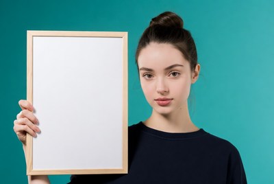 Young woman holding blank sign