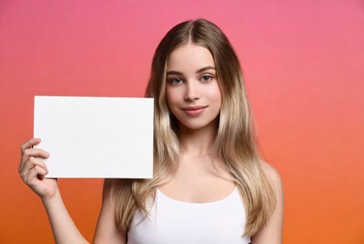 Young woman holding blank card