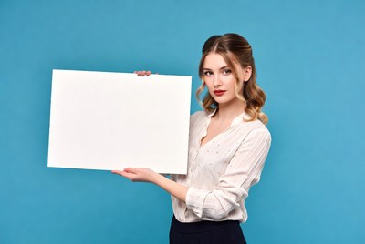 Woman holding blank sign on blue background