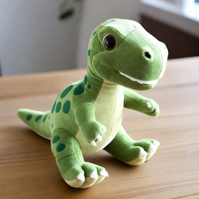 Cute green dinosaur toy on wooden table
