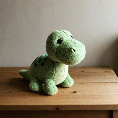 Soft green dinosaur toy on wooden table