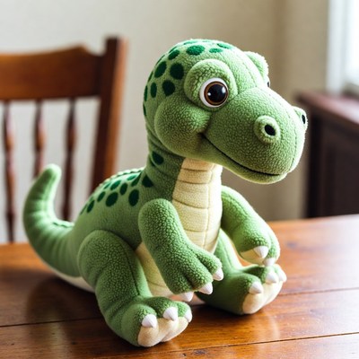 Cute green dinosaur plush toy on table