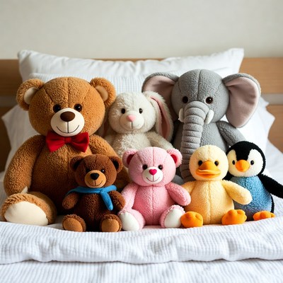 Soft toy collection on bed