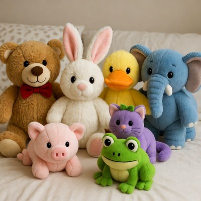 Adorable plush toys collection on bed