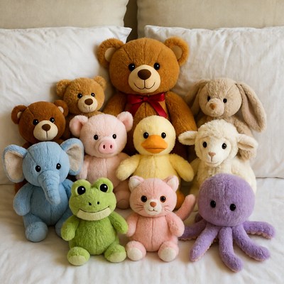 Cute assortment of plush toys on bed