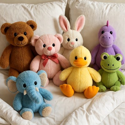 Colorful stuffed animals on bed