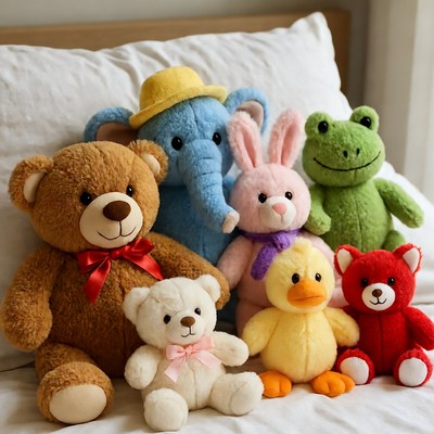 Colorful stuffed animals on a bed