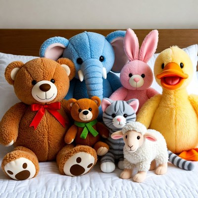 Colorful stuffed animals on a bed