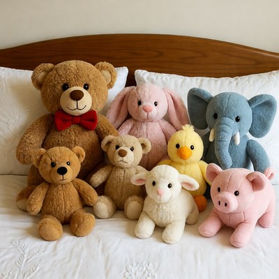 Teddy bears and plush animals gathered together