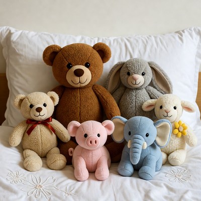 Soft toys on bed for cozy scene