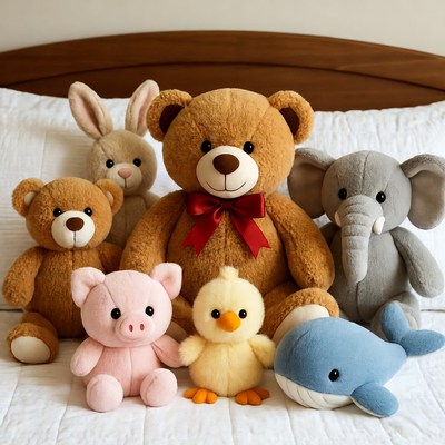 Cute plush animal gathering on bed
