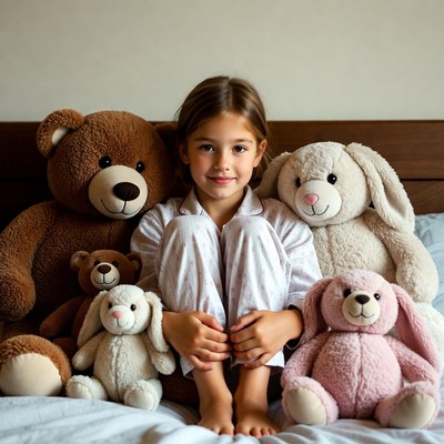 Smiling girl with stuffed animals in bedroom