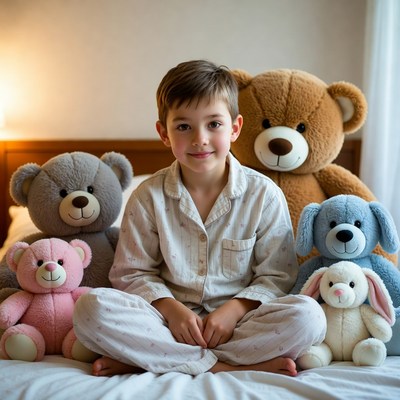 Boy with stuffed animal friends