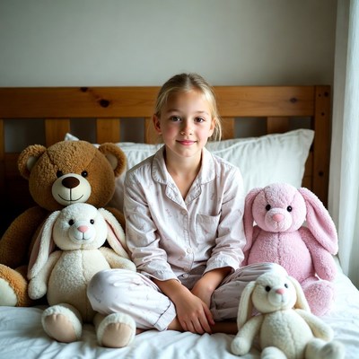 Girl with stuffed animals at home