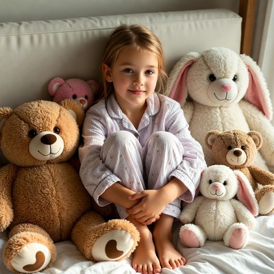Child with stuffed animals at home