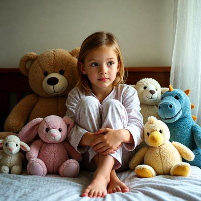 Child with stuffed animals in cozy room