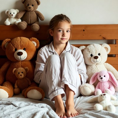 Young girl with teddy bears in cozy bedroom