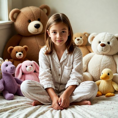 Girl with plush toys in bedroom