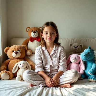 Happy child with stuffed animals at home