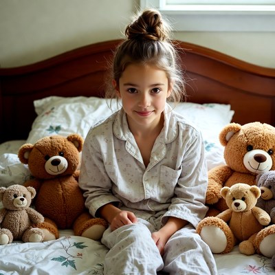 Girl with teddy bears in cozy room
