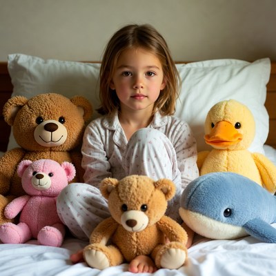 Child with stuffed animals in bed