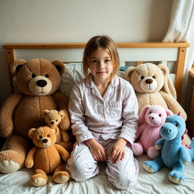 Child with teddy bears at home
