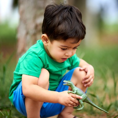 Child playing with dinosaur toy outdoors