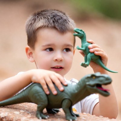 Child playing with dinosaur toys outdoors