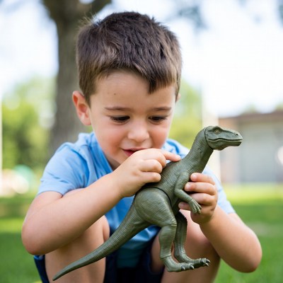 Boy enjoying dinosaur toy outdoors
