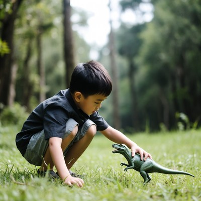 Child playing with dinosaur toy outdoors