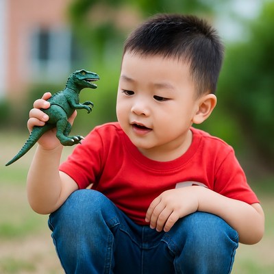 Child playing with toy dinosaur outdoors